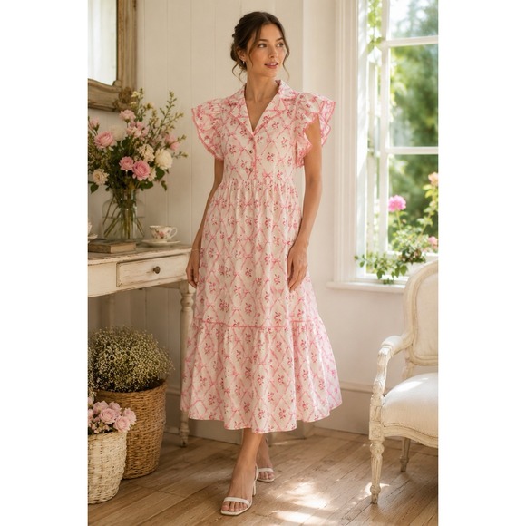 entro Dresses & Skirts - ENTRO Pink Bow Floral Midi Dress S Cottagecore Ruffle Sleeve Coquette NWT